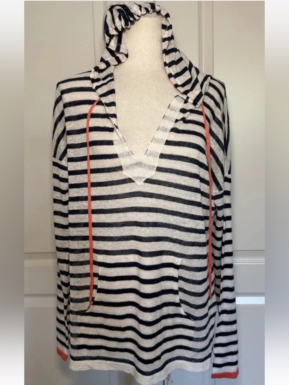 Seaton Knit Beach Hoodie Linen Blue Ivory Striped Sweater Size Medium